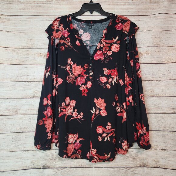 Torrid Black Floral Ruffle Shoulder Long Sleeve Top Women's Size 2X - Picture 1 of 16
